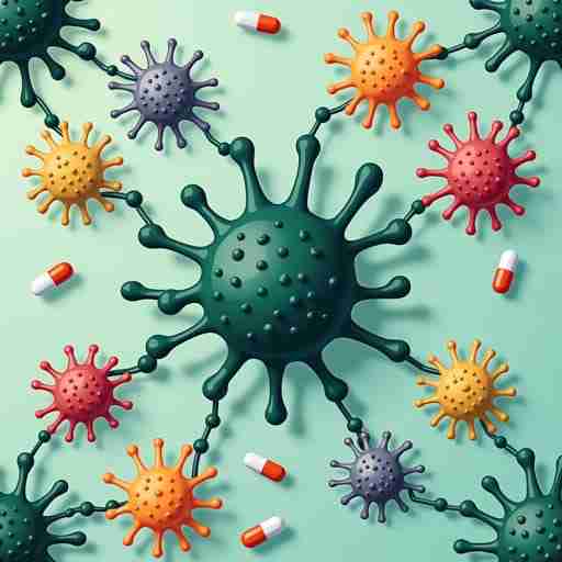 Spirulina e Interazioni con Farmaci: "Un'illustrazione stilizzata di molecole di spirulina che interagiscono con diverse pillole colorate"