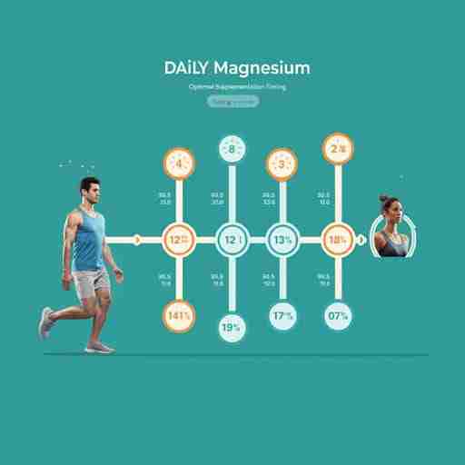 Timing Ottimale dell'Assunzione di Magnesio Infografica della cronologia giornaliera che mostra il momento ottimale di integrazione di magnesio per gli atleti, con indicatori di tempo chiari e raccomandazioni sul dosaggio