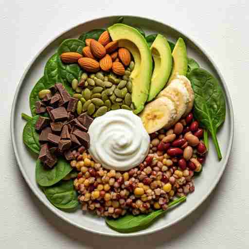 Cibi con magnesio: Scopri i 10 alimenti ricchi di questo minerale essenziale. Una varietà di cibi ricchi di magnesio, tra cui spinaci, mandorle, cioccolato fondente, avocado, yogurt, semi di zucca, banane, tofu, legumi e cereali integrali.