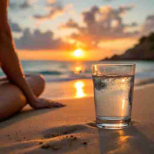 Come il minerale può alleviare ansia e stress effetti sorprendenti. Una persona rilassata sulla spiaggia, con un bicchiere di acqua di mare (ricca di magnesio) e un tramonto arancione.