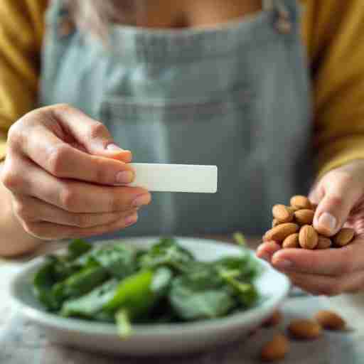 Come può il magnesio contribuire a mantenere sotto controllo la glicemia? Una persona con il diabete controlla la glicemia ottenendo un risultato nella norma. In primo piano, alimenti ricchi di magnesio come spinaci e mandorle