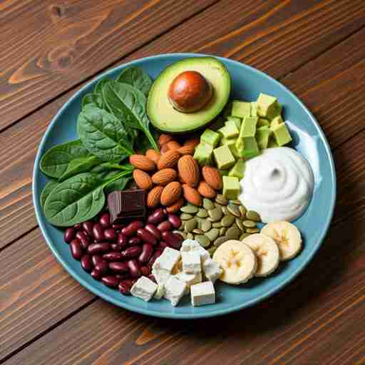 Conclusioni: Cibi con Magnesio Una varietà di cibi ricchi di magnesio, tra cui spinaci, mandorle, cioccolato fondente, avocado, yogurt, semi di zucca, banane, tofu, legumi e cereali integrali.