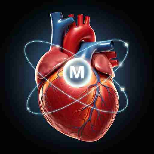 Conclusioni: Magnesio e Cuore. Un cuore umano con un atomo di magnesio al suo interno, che rappresenta i benefici del magnesio per la salute cardiovascolare.