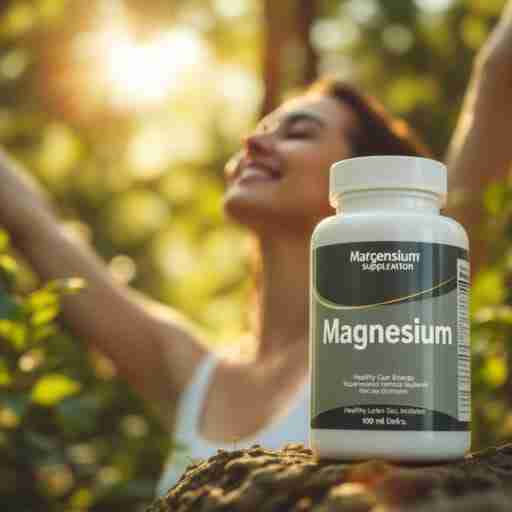 Conclusioni: Magnesio e Diabete Una persona si sente sana ed energica, circondata dalla natura. Una bottiglia di integratore di magnesio è in primo piano