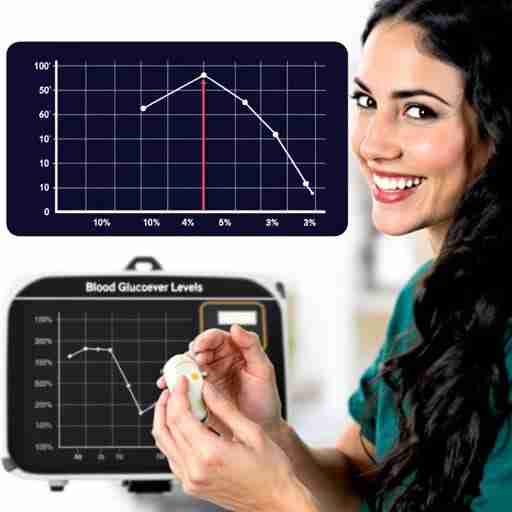 Il magnesio influisce sulla glicemia alta? Scopriamolo insieme! Un grafico mostra una diminuzione dei livelli di glucosio nel sangue nel tempo. Una persona sorride mentre controlla la glicemia