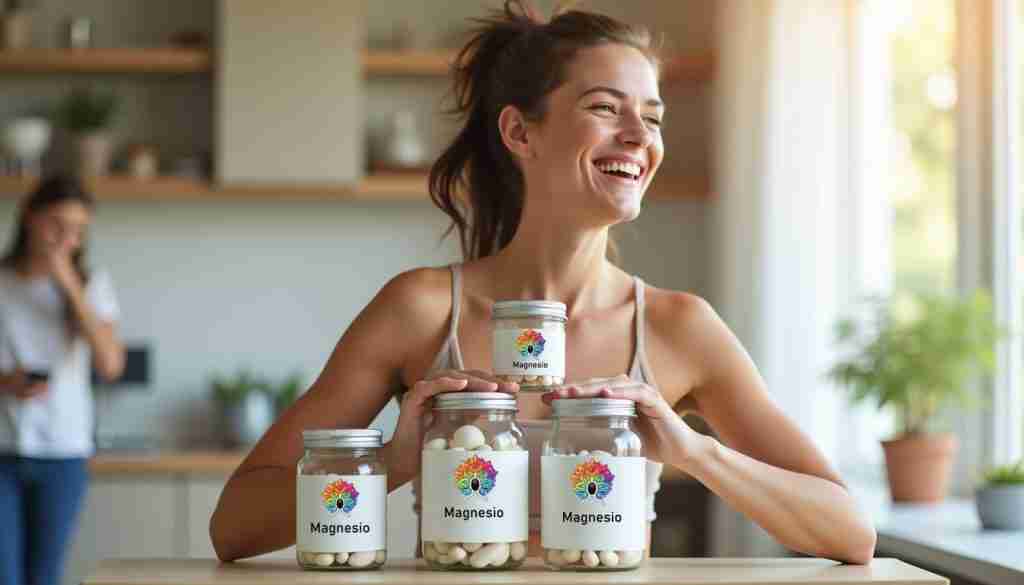 Integratori di magnesio: Scegli il Meglio per il Tuo Benessere Una persona che sorride e mostra energia mentre sistema dei barattoli di magnesio, rappresentando i benefici del magnesio per la salute generale. Lo sfondo può essere un ambiente domestico luminoso.