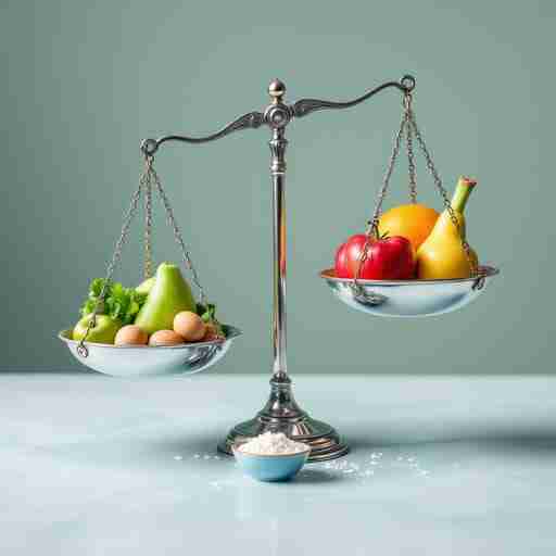 Integrazione di magnesio: quando è davvero necessaria? Una bilancia che pende da un lato a causa di una dieta povera di magnesio, dall'altro lato alimenti ricchi di magnesio per riequilibrare la situazione