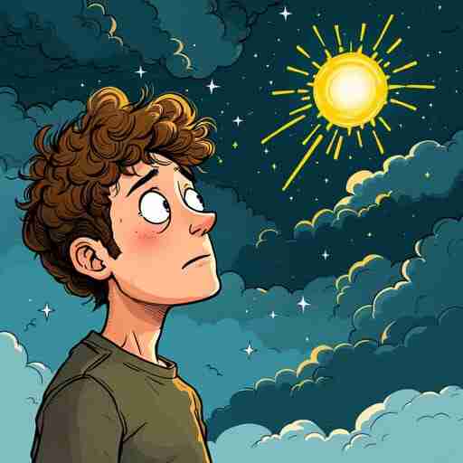 Magnesio e benessere mentale: come influisce su ansia e depressione. Un'illustrazione di una persona che combatte l'ansia e la depressione, rappresentata da nuvole scure che si dissolvono grazie a raggio di sole dorato, simbolo del magnesio. Stile cartoon