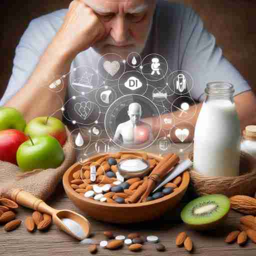 Magnesio e diabete: il legame che potrebbe cambiare la tua salute Immagine di una persona che pensa, sul tavolo integratori e cibi ricchi di magnesio oltre a strumenti di misura del diabete