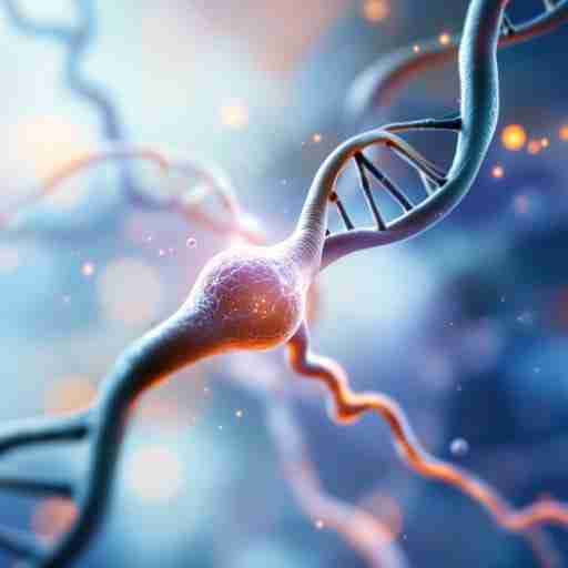 Magnesio e neurotrasmettitori una connessione fondamentale per la salute mentale. Una rappresentazione artistica di un neurone con un'elica di DNA che mostra la connessione tra magnesio, neurotrasmettitori e salute mentale. Sfondo astratto con colori tenui e rilassanti.
