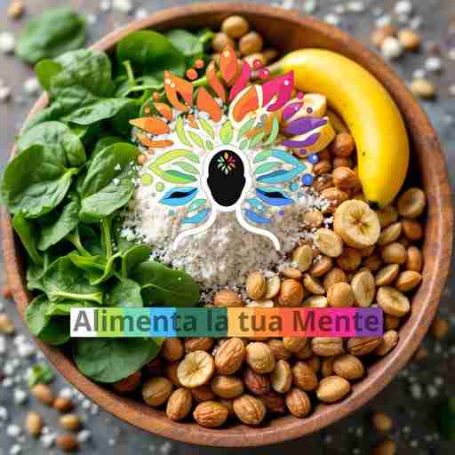 Quale tipo di magnesio scegliere per combattere ansia e depressione. Una fotografia realistica di alimenti ricchi di magnesio (spinaci, banane, noci) disposti in una ciotola, con una scritta che dice 'Alimenta la tua Mente'