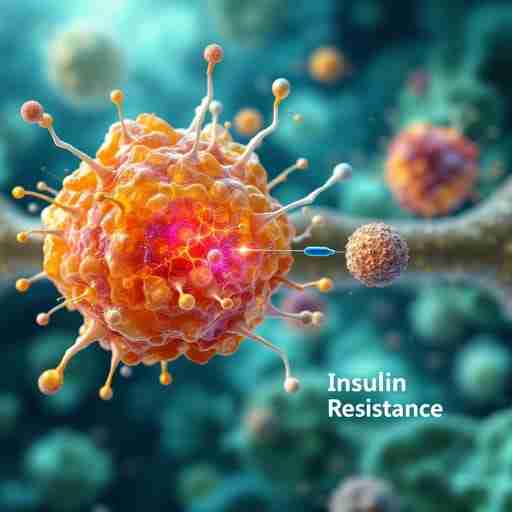 Resistenza insulinica: il ruolo cruciale del magnesio nella prevenzione Rappresentazione visiva della resistenza all'insulina, con cellule che resistono all'insulina. Un atomo di magnesio rompe questa resistenza