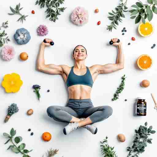 Sindrome metabolica e magnesio: una connessione da non sottovalutare? Una persona fa esercizio fisico circondato da elementi legati alla sindrome metabolica. Una bottiglia di integratore di magnesio è in evidenza