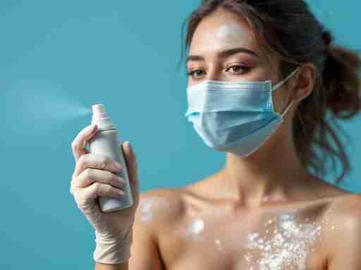 Come funziona il magnesio transdermico nella cura della pelle? Illustrazione di una persona che applica uno spray di magnesio sulla pelle, con frecce che indicano l'assorbimento cutaneo