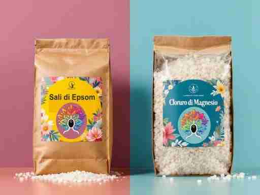 Sali di Epsom o cloruro di magnesio: quale scegliere per alleviare i dolori muscolari? Confronto visivo tra una confezione di sali di Epsom e una di cloruro di magnesio, con icone che mostrano i benefici per i muscoli