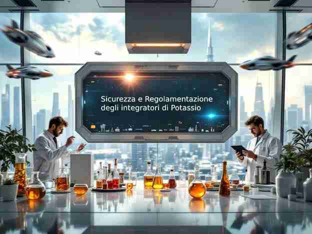Sicurezza e Regolamentazione degli Integratori di Potassio. L'immagine rappresenta un laboratorio moderno e ben attrezzato, dove due scienziati sono impegnati nella ricerca e nello sviluppo di integratori di potassio. Al centro dell'immagine, un grande schermo mostra il testo "Sicurezza e Regolamentazione degli integratori di Potassio"