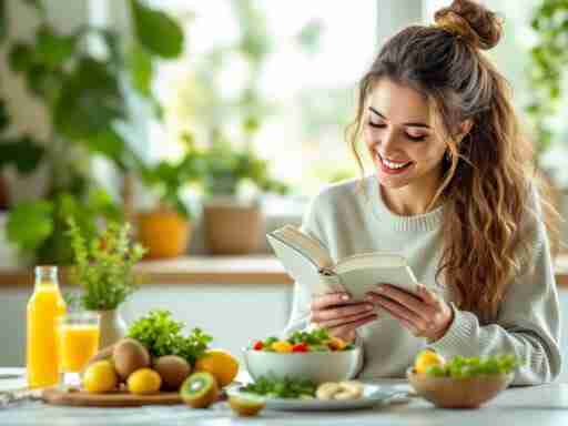 Una scena rilassante di una persona che sorseggia un frullato verde (con spinaci e banana) mentre legge un libro sull'alimentazione sana. Accanto, una ciotola di macedonia con kiwi e albicocche secche. Lo sfondo è una cucina luminosa con piante verdi. Stile fotografico naturale e positivo.