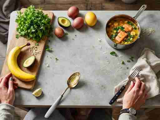 Una scena di cucina con ingredienti ricchi di potassio su un piano di lavoro: una ciotola di spinaci, una banana, un avocado tagliato a metà e una patata. Accanto, una pentola con una zuppa di lenticchie e un piatto pronto con salmone e verdure. Stile fotografico caldo e invitante, con un'atmosfera domestica.