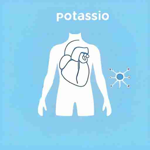 Un'illustrazione scientifica che mostra il ruolo del potassio nel corpo umano: un cuore, un muscolo scheletrico e un neurone con frecce che indicano il movimento degli ioni di potassio. Lo sfondo è minimalista, con tonalità blu e bianco. Stile grafico educativo e chiaro.