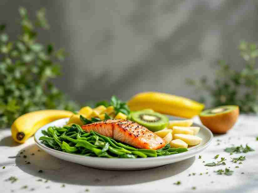 Un piatto colorato e bilanciato che rappresenta una dieta sana: una porzione di salmone grigliato, spinaci saltati, fette di avocado e una piccola porzione di patate dolci. Accanto, una banana e un kiwi tagliati a fette. Lo sfondo è neutro e luminoso, con un tocco di erbe aromatiche per decorazione. Stile fotografico moderno e invitante