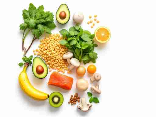 Una composizione fotografica di 10 alimenti ricchi di potassio disposti in cerchio: banana, avocado, spinaci, patata, fagioli bianchi, salmone, albicocche secche, funghi, kiwi e lenticchie. Ogni alimento è ben illuminato e mostra i dettagli della texture. Sfondo bianco per un effetto pulito e professionale.