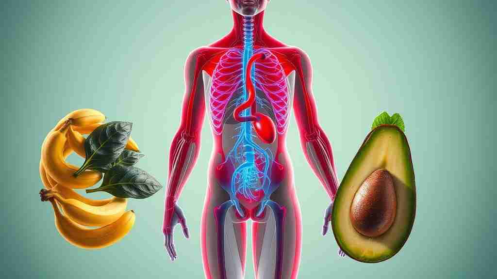 llustrazione di un corpo umano stilizzato con evidenziati i muscoli, il cuore e il sistema nervoso, circondato da icone di alimenti ricchi di potassio banane, spinaci, avocado