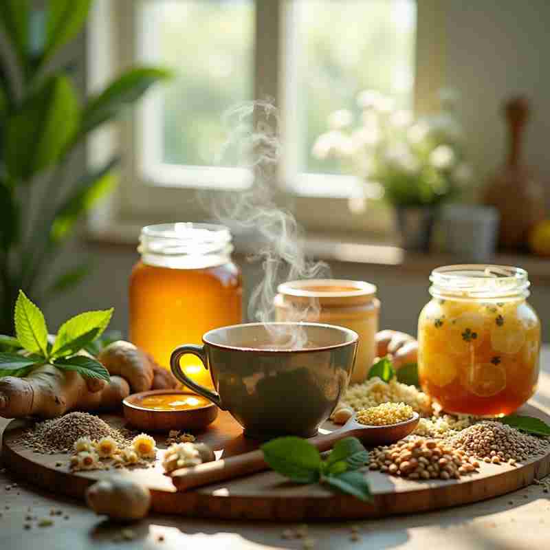 Introduzione: Migliorare la digestione naturalmente l’immagine mostra una collezione sapientemente disposta di erbe fresche, radice di zenzero, foglie di menta piperita e fiori di camomilla in toni verdi e gialli tenui. Lo sfondo presenta un delicato effetto bokeh con la luce naturale diffusa che filtra da una finestra della cucina