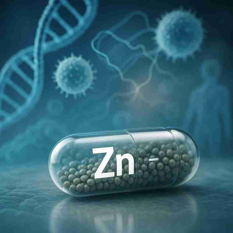 Introduzione ai Benefici dello Zinco per il Sistema Immunitario Fotografia concettuale macro di una capsula trasparente contenente zinco, posata su uno sfondo sfocato con DNA stilizzato in luce blu, tessuti umani e cellule in rigenerazione. In secondo piano, sagome traslucide di cellule immunitarie in azione e una rete di citochine rappresentate da fili luminosi che si intrecciano. Atmosfera pulita, scientifica, leggermente drammatica, con illuminazione soffusa che evoca precisione biologica e importanza clinica