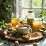 Migliorare la digestione naturalmente: alimenti e integratori che funzionano Una composizione serena in stile editoriale che mette in mostra elementi naturali per il benessere digestivo, resi con texture morbide e organiche e calde tonalità della terra. Il miele dorato cola da un cucchiaio di ceramica rustica, catturando una suggestiva luce laterale. Intorno, vivaci alimenti fermentati in barattoli di vetro trasparente, probiotici e cereali integrali disposti in un motivo circolare a mandala