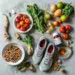 Aumentare energia integratori naturali: Integratori naturali come ginseng, maca e tè verde, affiancati da simboli di dieta sana e attività fisica per un aumento energetico