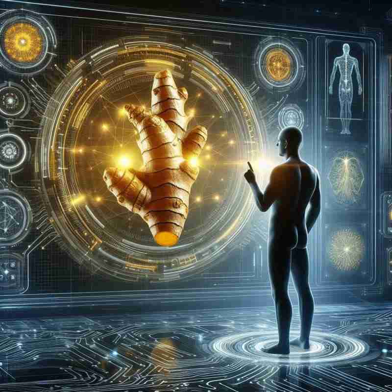Benefici della curcuma: figura umana che osserva una radice di curcuma cybernetica luminosa, simbolo di salute e antiossidanti