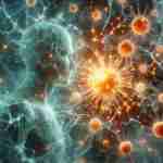 Benefici della curcuma: molecole di curcumina cybernetiche che combattono i radicali liberi a livello cellulare, con silhoutte umana