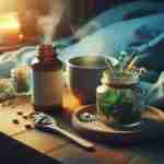 Integratori naturali per un sonno di qualità: flacone di integratori a base di erbe sul comodino accanto a una tisana serale, atmosfera rilassante