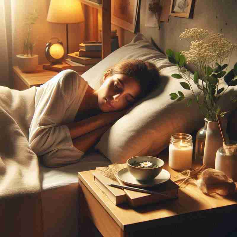 Integratori naturali per un sonno di qualità introduzione: persona che dorme serenamente, comodino con tisana e decorazioni natural