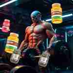 Integratori per la crescita muscolare: guida definitiva. Figura muscolare cibernetica con impianti biomeccanici che solleva pesi tecnologici in una palestra futuristica, circondata da integratori fluttuanti come proteine e BCAA, con luci al neon e atmosfera sci-fi