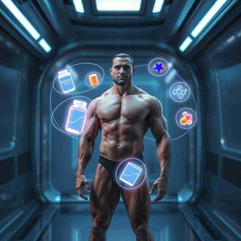 Introduzione agli integratori per la crescita muscolare. Figura muscolare in un ambiente futuristico con ologrammi luminosi di integratori come proteine, creatina, aminoacidi e vitamine, in uno scenario tecnologico e minimalista
