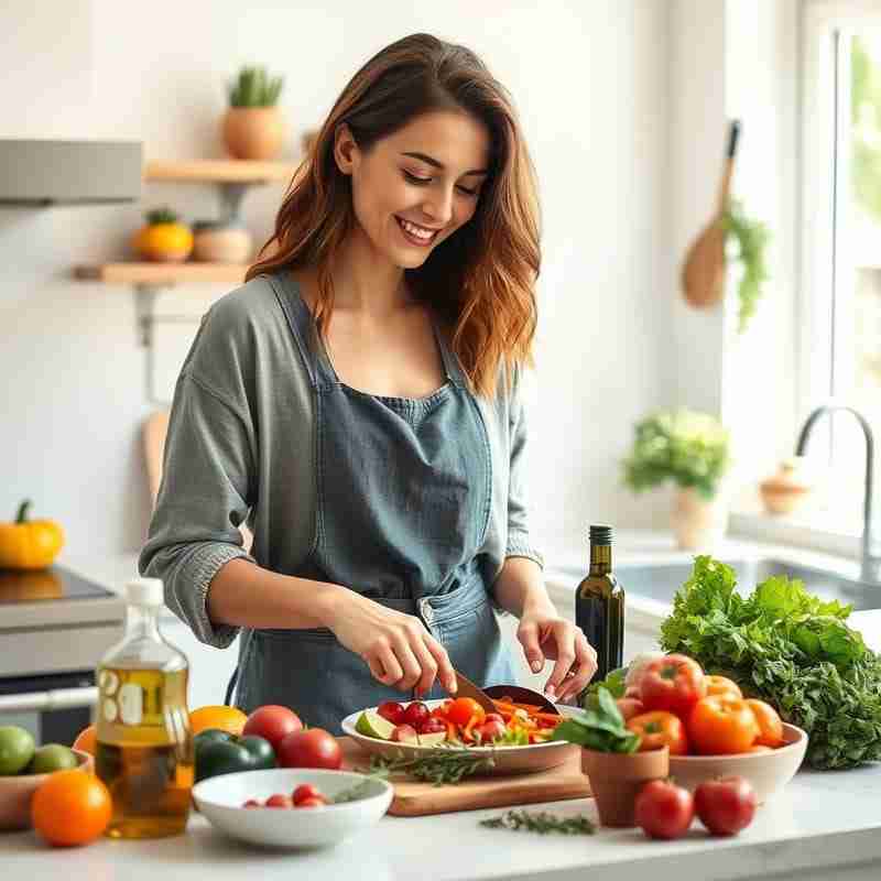 Dieta antinfiammatoria: Donna che prepara un pasto antinfiammatorio con ingredienti freschi in cucina luminosa