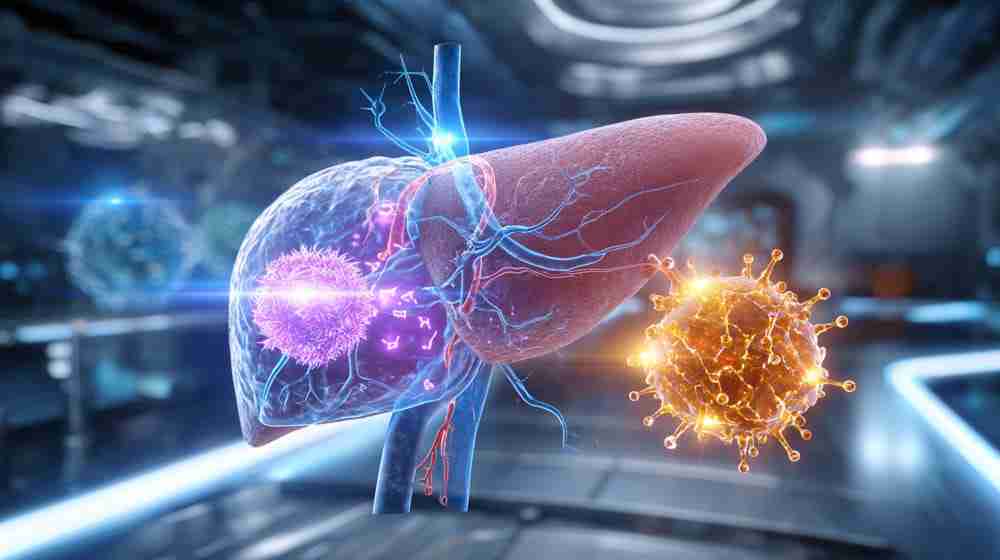 Integratori salute fegato, Fegato umano realistico in ambiente post-futuristico con tre integratori epatici evidenziati: struttura molecolare viola del cardo mariano, radice di curcuma dorata che emette raggi, e rete olografica verde del glutatione. Scena biotecnologica con luce blu pulsante e dettagli cellulari macro