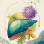 Integratori salute fegato: la soluzione perfetta Integratori salute fegato, Illustrazione scientifica di un fegato protetto da integratori naturali (cardo mariano, curcuma, glutatione). Schema dei benefici degli integratori salute fegato per la detossificazione epatica