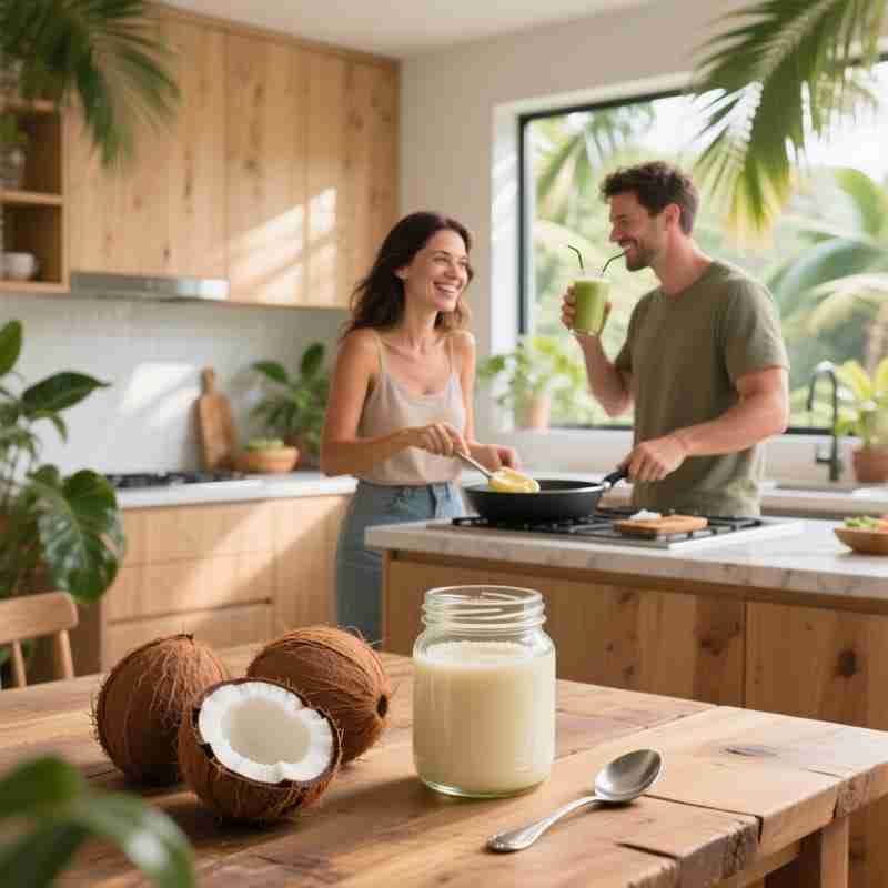 Donna e uomo che usano olio di cocco in cucina in un ambiente luminoso e naturale, simbolo di benessere, alimentazione sana e benefici per la salute