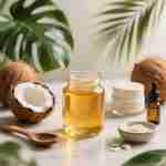 Barattolo di vetro con olio di cocco dorato circondato da noci di cocco fresche e foglie tropicali, simbolo dei benefici naturali per la salute e la bellezza