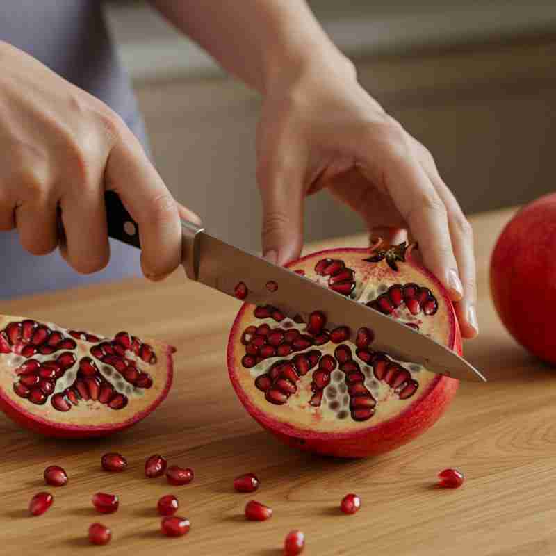 Mani che tagliano una melagrana, rivelando i chicchi succosi e antiossidanti