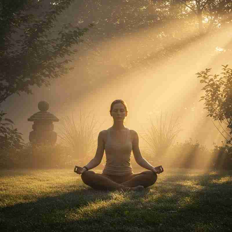 Donna che medita serenamente in un giardino all'alba