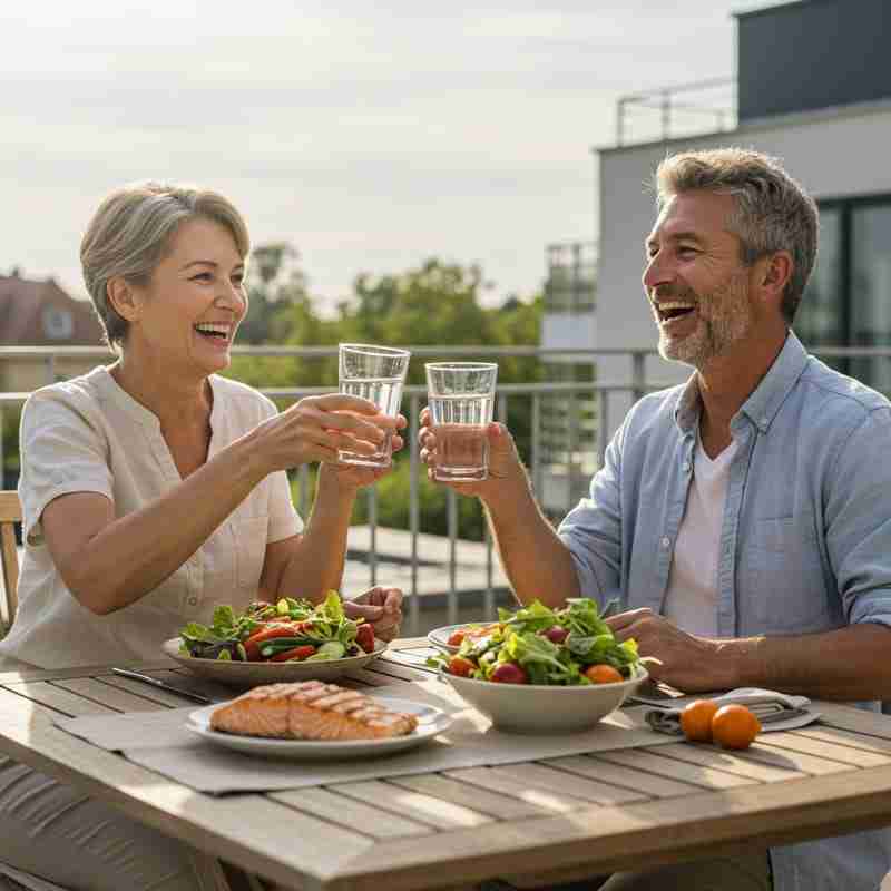 Coppia che pranza con un pasto sano a base di pesce su un terrazzo soleggiato