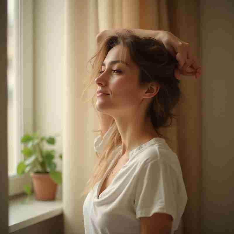 Donna riposata che si sveglia con energia al mattino, simboleggiando approcci naturali contro la stanchezza cronica