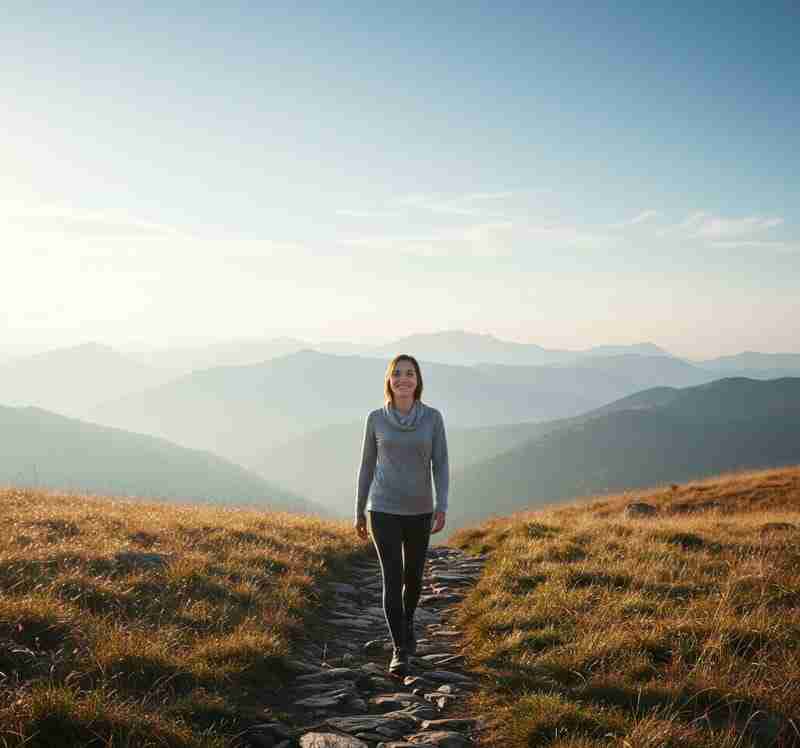 Donna che cammina con un sorriso sereno su un sentiero di montagna, simbolo di un nuovo percorso di benessere