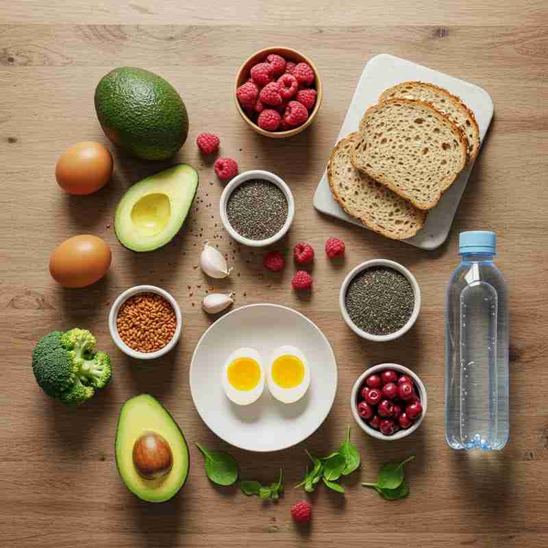 Ingredienti sani e colorati disposti su un piano di lavoro per un pasto energizzante