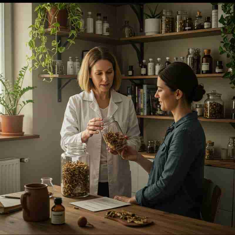 Naturopata che spiega erbe medicinali a un cliente nel suo studio