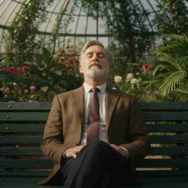 Uomo che gestisce lo stress respirando profondamente in un giardino tranquillo