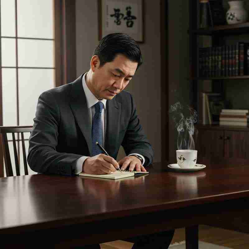 Uomo d'affari concentrato e lucido al proprio scrittoio, con una tazza di tè